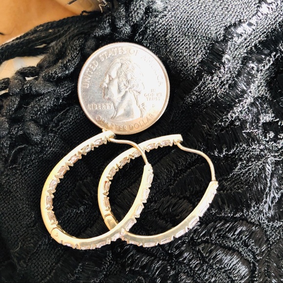 Large 925 Silver inside outside CZ Hoop Earrings - Picture 6 of 8